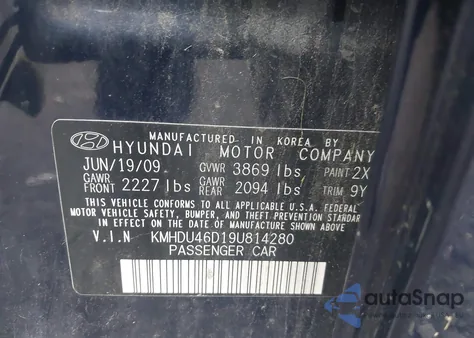 2009 Hyundai Elantra Gls z USA, uszkodzony, nr VIN KMHDU46D19U814280